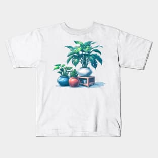 Pastel Houseplant Collection - Blue Border - Potted Plants Kids T-Shirt